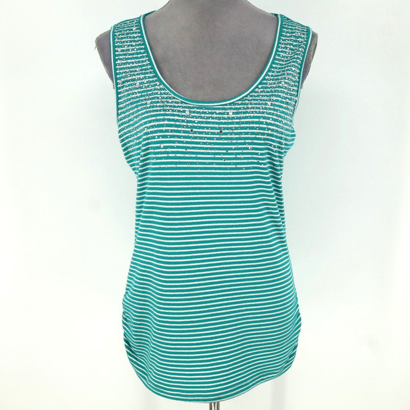 Cache Top Womens XL Green White Stripe Stretch Knit Rhinestones Pullover Tank - Picture 1 of 13